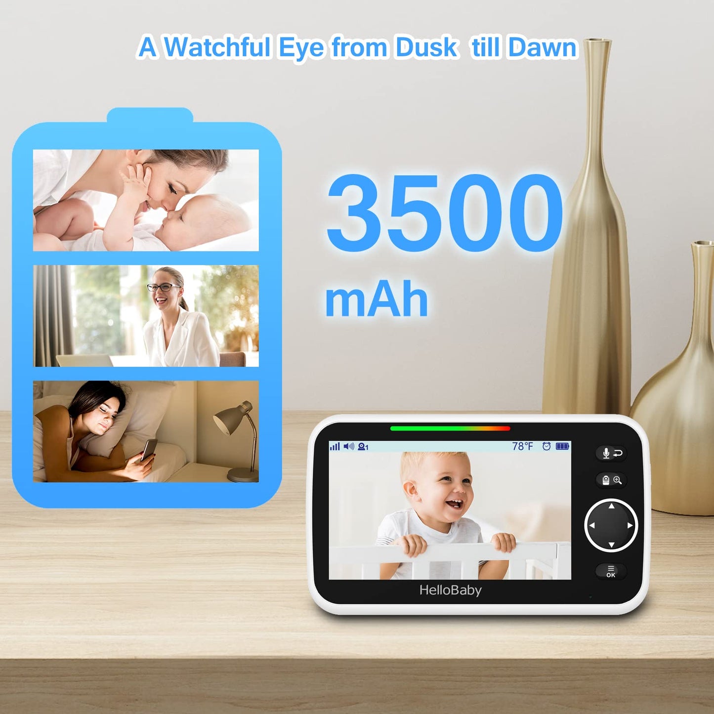 HelloBaby 6-Zoll Video-Babyphone, Großes Display mit Kamera und Audio, 4000-mAh-Batterie und ECO-Modus, Nachtsicht, Kein WiFi, Zwei-Wege-Kommunikation und 8 Schlaflieder, Fernbedienbare PTZ-Kamera