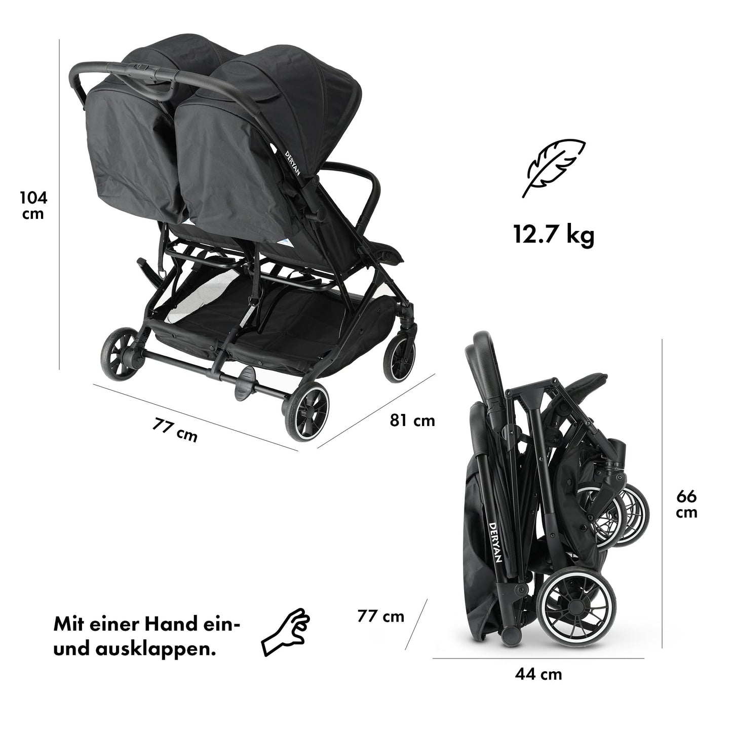 Deryan XP X2 Kinderwagen Buggy 2 in 1 - Buggy klein zusammenklappbar - Geburt bis 4 Jahre - Baby Wagen pro Sitz belastbar bis 22kg - Kinderbuggy klappbar - KOMPAKT & FALTBAR - Grau