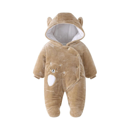 JiAmy Baby-Overall Baby-Strampler Flanell Winter-Strampelanzug mit Füßchen Kapuze Cartoon,Khaki 6-9 Monate