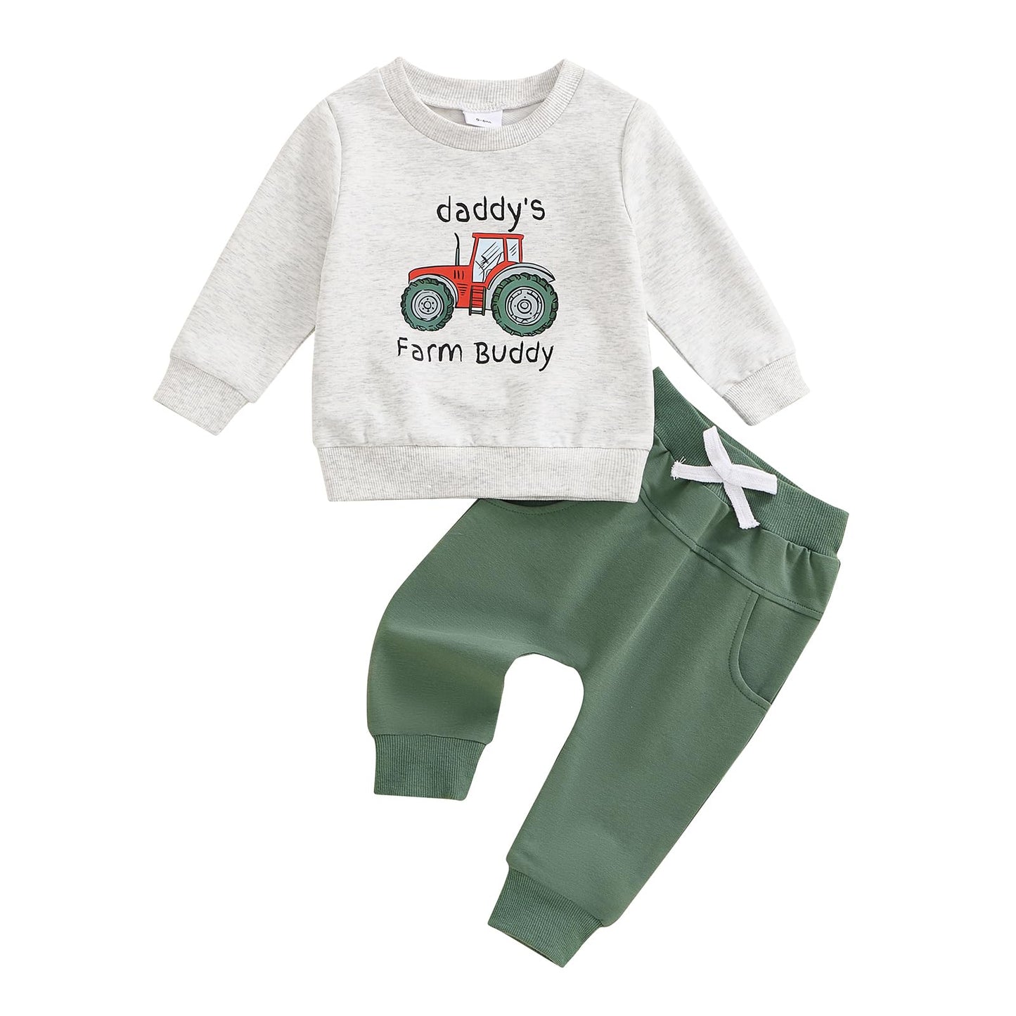 Baby-Frühlings-Outfit für Jungen, Trainingsanzüge mit Traktor-/Auto-Print, Sweatshirts mit langen Ärmeln mit Autodruck + elastische Kordelzughose, 2-teiliges Sportbekleidungsset, weiche Traktor-Outfits