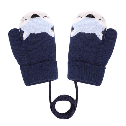 Kids Winter Gloves Mittens Baby Cartoon Mitten Neck Gloves Thick Double Knitted Glove with Plush,0 - 3 years old, Playing, Running, Skiing