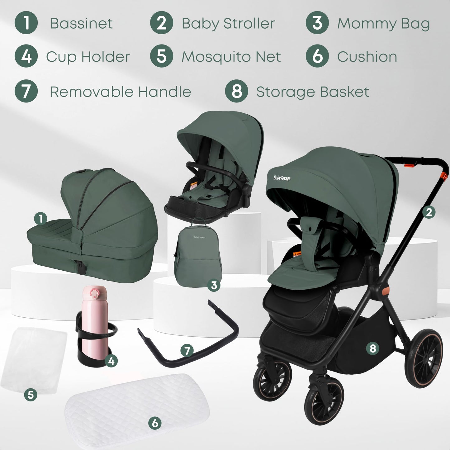 BabyVoyage Kombikinderwagen 2-in-1 ohne Babyschale – Babywanne & Sportsitz, Räder 360° Stoßdämpfer, Federung, höhenverstellbarer Griff, Faltbar, Zubehö-Grün