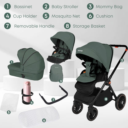 BabyVoyage Kombikinderwagen 2-in-1 ohne Babyschale – Babywanne & Sportsitz, Räder 360° Stoßdämpfer, Federung, höhenverstellbarer Griff, Faltbar, Zubehö-Grün