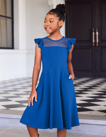 Arshiner Girls Dress Summer Dress Ruffle Short Sleeve Mesh A Line Casual Party Dresses with Pockets Kids Dresses for 6-13 Years 