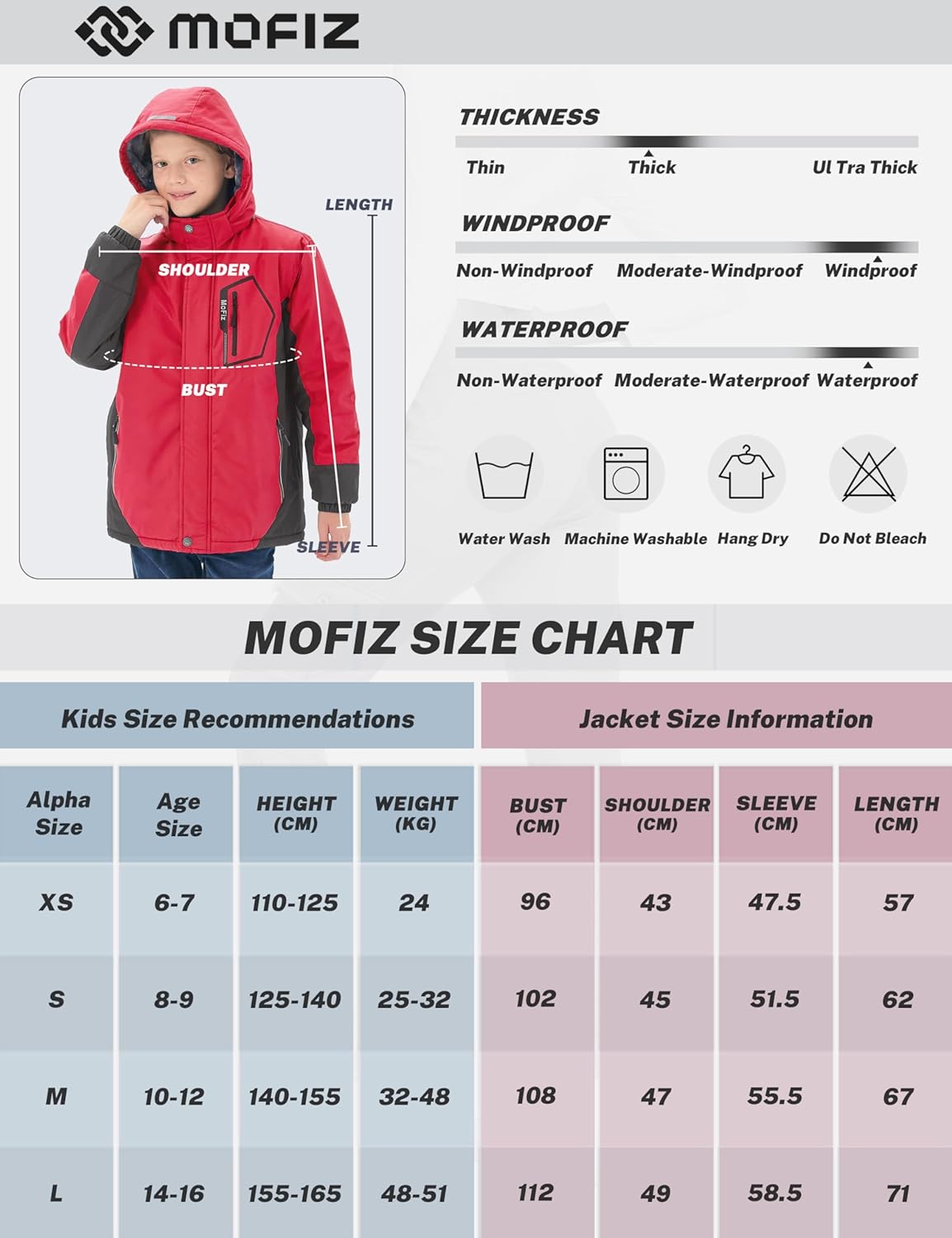 MoFiz Winter Jacket Boys Ski Jacket Warm Inner Lining Children's Outdoor Softshell Jackets Snow Jacket with Removable Hood