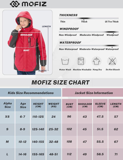 MoFiz Winter Jacket Boys Ski Jacket Warm Inner Lining Children's Outdoor Softshell Jackets Snow Jacket with Removable Hood