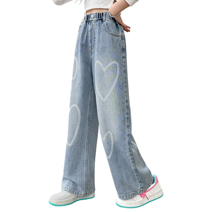Rolanko Girls' Jeans Trousers with Hole, Denim Blue Jeans, Vintage Trousers With Wide Leg for Children