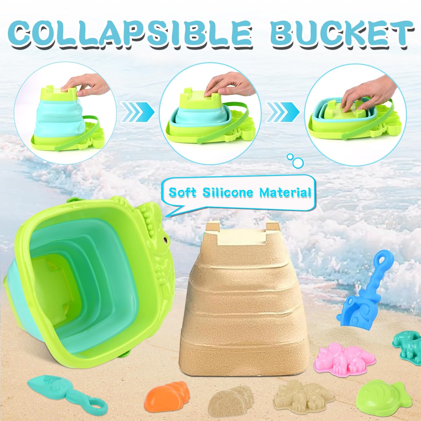 Euakee Sand Toy for Children, 11 Pieces Sand Toys with Foldable Bucket, Sanity Toy Set, Sand Toy Beach, Sandpit Toy for Children 3 4 5 6 7 Years (Orange)