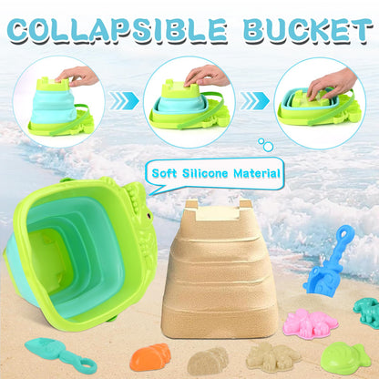 Euakee Sand Toy for Children, 11 Pieces Sand Toys with Foldable Bucket, Sanity Toy Set, Sand Toy Beach, Sandpit Toy for Children 3 4 5 6 7 Years (Orange)
