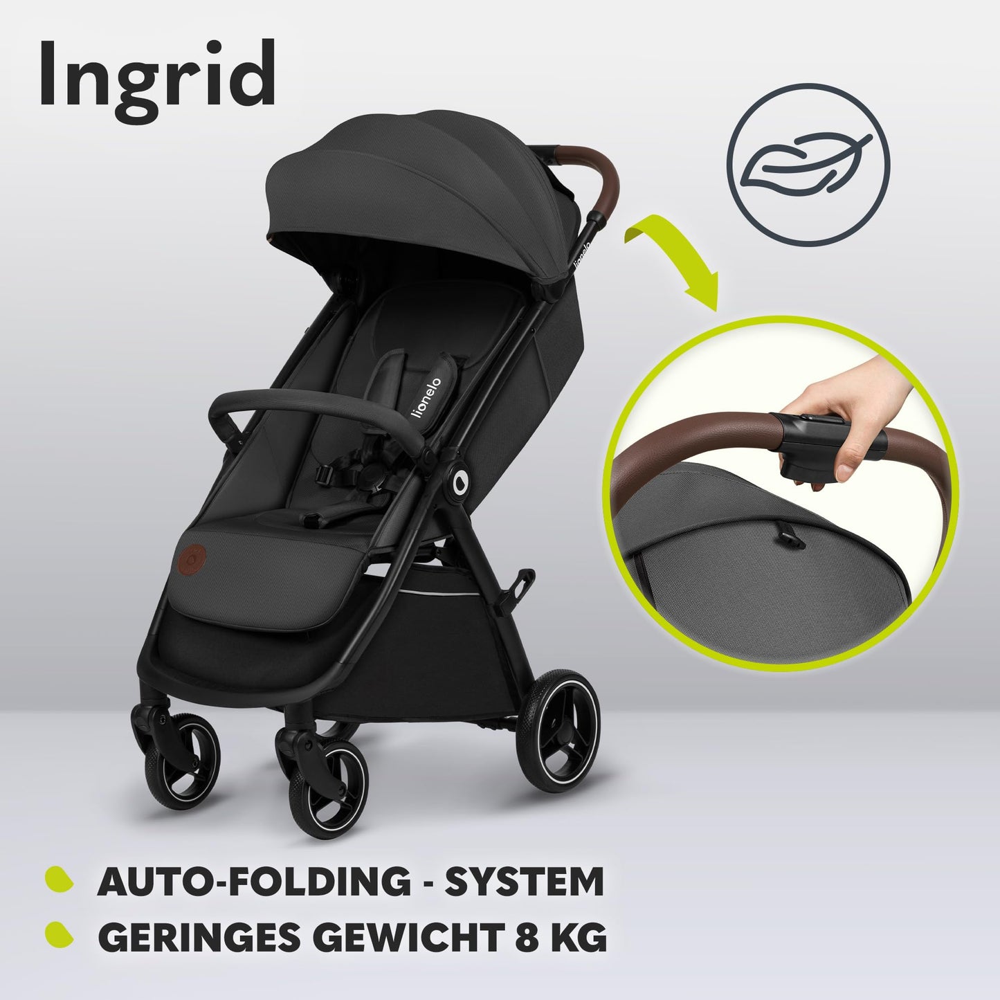 LIONELO INGRID Kinderwagen bis 22 kg von 6 Monaten bis 4 Jahren Große 360° schwenkbare Räder Volle Federung Einhändig zusammenklappbar Verstellbare Rückenlehne und Fußstütze Großes XXL-Verdeck