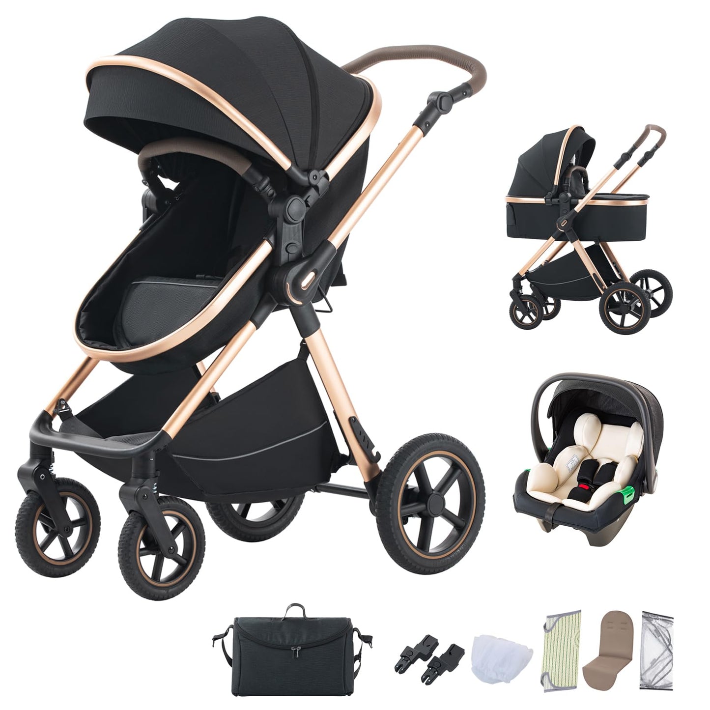 BEBBY 3-in-1 Kinderwagen KombiKinderwagen-Set 2-in-1 Buggy faltbar Luxus Hochlandschaft Neugeborenes Tragbarer Kinderwagen Zusammenklappbarer Kinderwagen Kinderwagen Travel System (D2-DEEPGREY)