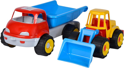 LKW Kipper mit Bagger, Sandspielzeug, 29cm/36cm, Reifen Softmaterial, ab 10 Monate
