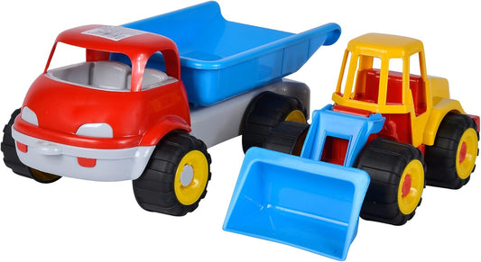 LKW Kipper mit Bagger, Sandspielzeug, 29cm/36cm, Reifen Softmaterial, ab 10 Monate