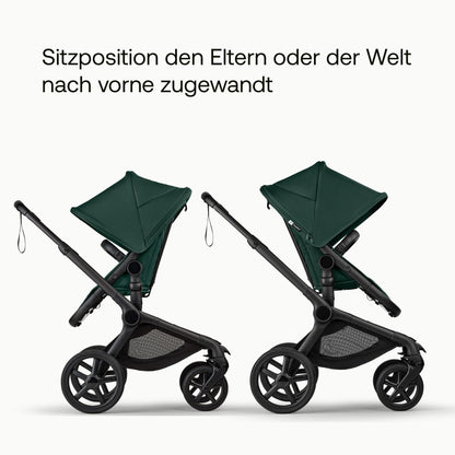 Bugaboo Fox 5 Renew, 2-in-1 Kinderwagen für jedes Gelände, mit Liegewanne | ausziehbarer Kleinkindsitz, praktische Ein-Hand Faltung, Fahrgestell in Schwarz und Sonnendach in Forest Green ab Lager