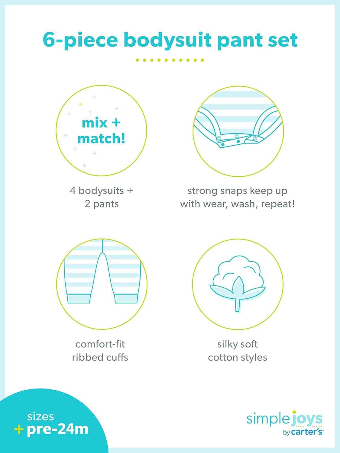 Simple Joys by Carter's Baby Girls' 6-Piece Neutral Bodysuits (Short and Long Sleeve) and Pants Set Infant and Toddler Pants Clothing Sets (Pack of 1)