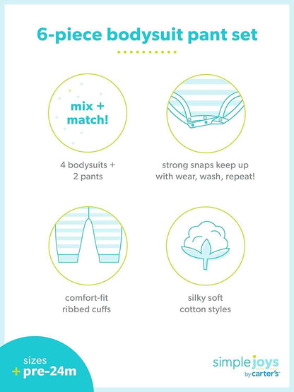 Simple Joys by Carter's Baby Girls' 6-Piece Neutral Bodysuits (Short and Long Sleeve) and Pants Set Infant and Toddler Pants Clothing Sets (Pack of 1)