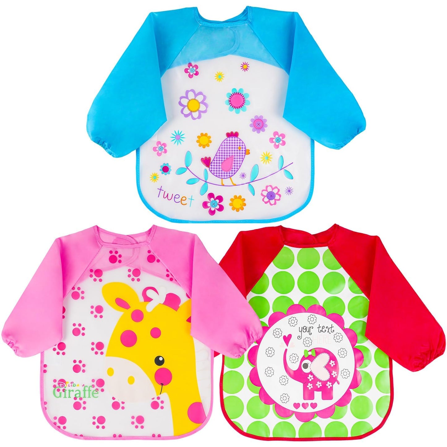 Vicloon Waterproof Baby Bibs, 5pcs Baby Bibs with Long Sleeves, Sleeved Bibs, Unisex Bib Set for Eating, Arts, Crafts, Painting, Playing (Pink, Blue, Green, Yellow) 