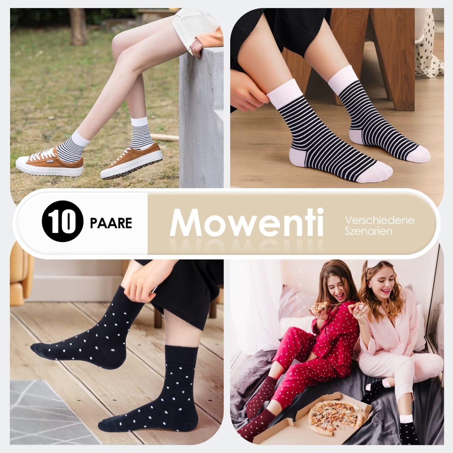 Mowenti Socken Mädchen 35-38 sportsocken strümpfe socks Mädchensocken bunte schwarz Streifen Punkte baumwollsocken 10 Paar