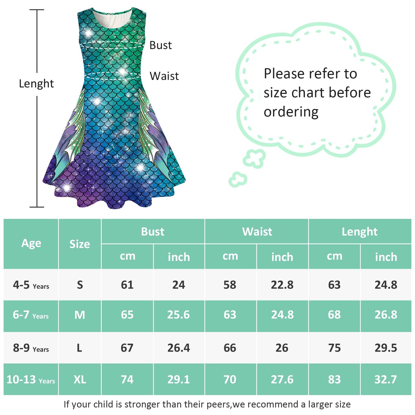 kids4ever Mädchen Kleid Ärmellos Sommerkleid Rundhals A-Linie Swing Kleid Meerjungfrau Galaxie Prinzessin Party Geburtstag 4-12 Jahre