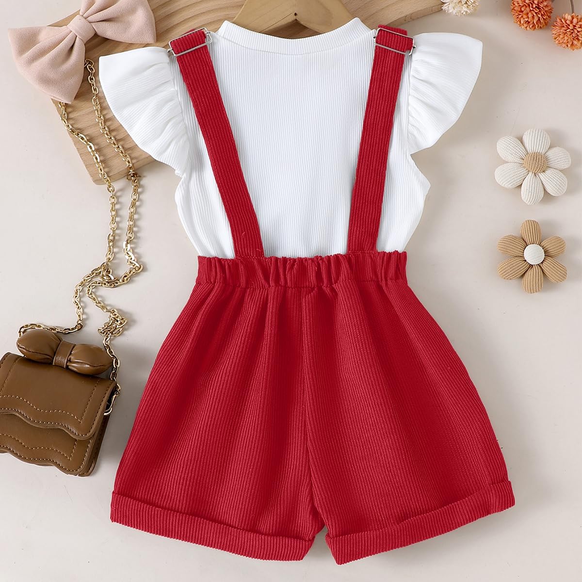 Baby Mädchen Sommer Outfits Rüschen Kurzarm Ripptop+ Blumen/Herzmuster Overalls Shorts Mit Tasche Süßes 2-Teiliges Kleidungsset