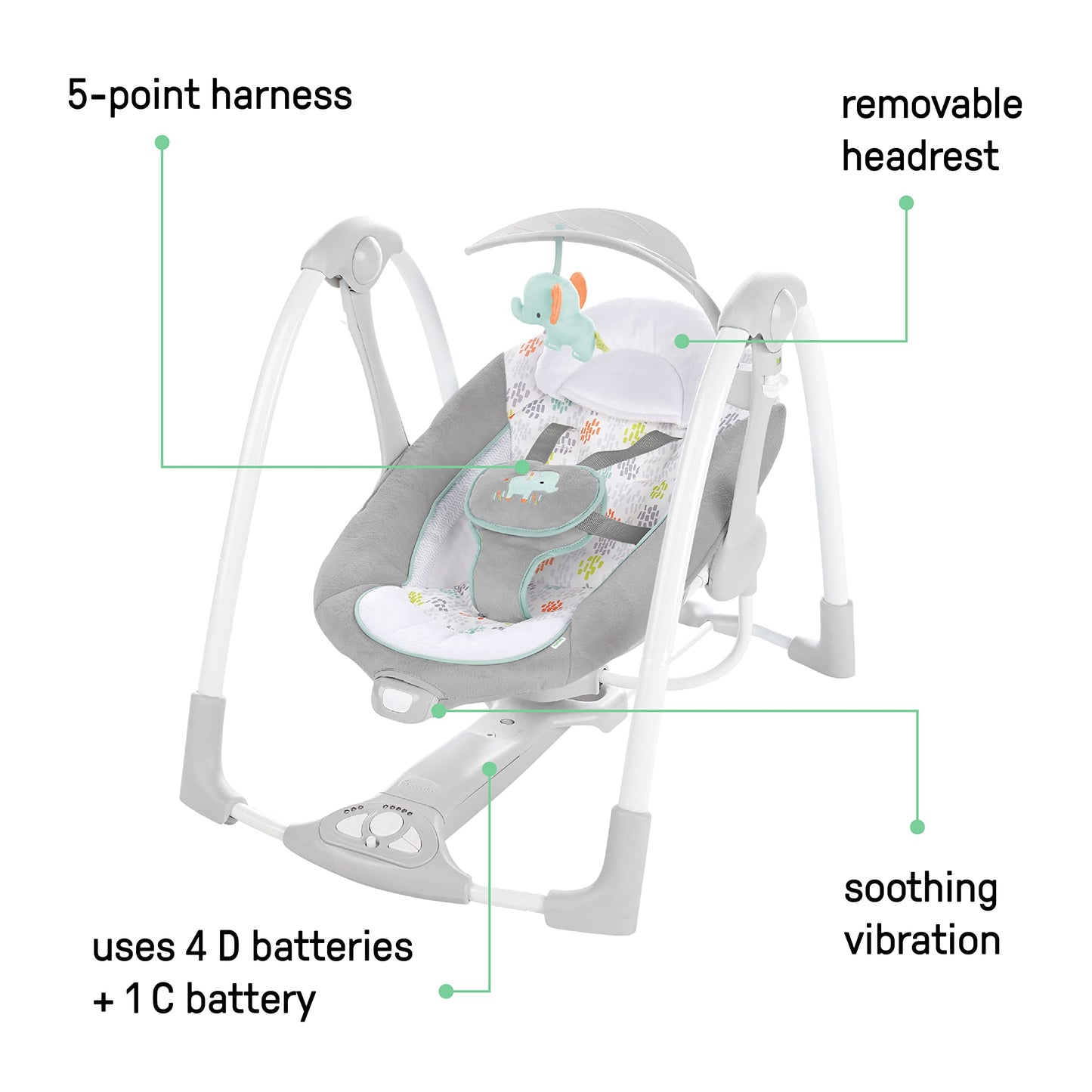 Ingenuity Hugs & Hoots zusammenklappbare & tragbare Babyschaukel, 5 Schaukelgeschwindigkeiten, 8 Melodien, 3 Naturgeräusche, Lautstärkeregulierung und Spielzeugbügel, ab der Geburt bis 9kg
