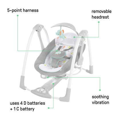 Ingenuity Hugs & Hoots zusammenklappbare & tragbare Babyschaukel, 5 Schaukelgeschwindigkeiten, 8 Melodien, 3 Naturgeräusche, Lautstärkeregulierung und Spielzeugbügel, ab der Geburt bis 9kg
