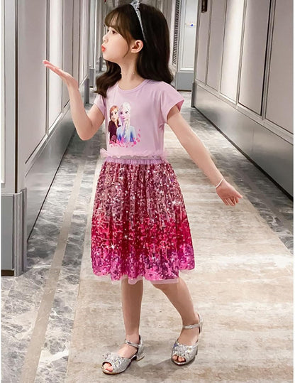 Renholin ELSA Kleider Shine Sommer Kleid Kurzarm Gefrorene Eiskönigin Prinzessin EIS Prinzessin Kostüm Mädchen Kinder Party Rock