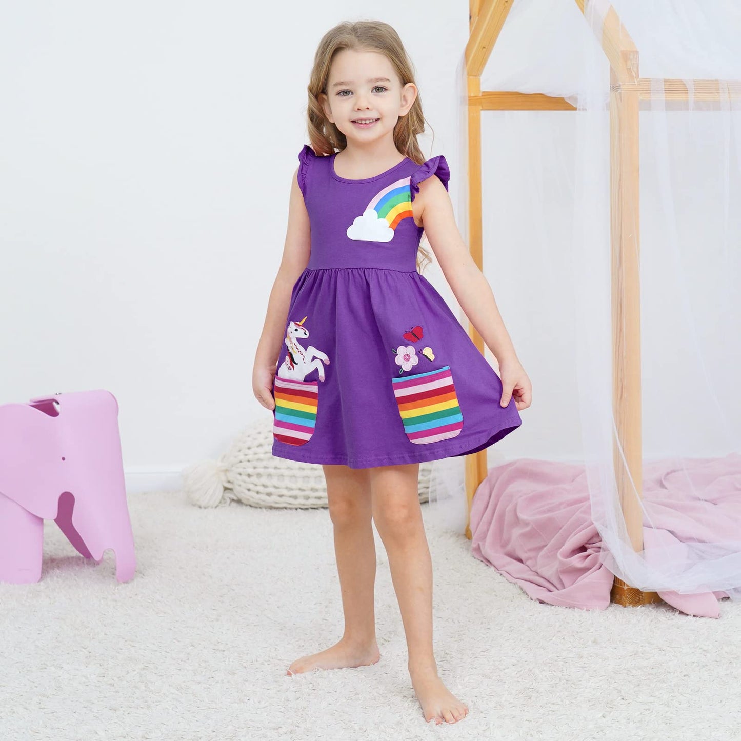 SFreeBo Girls Dresses Unicorn Rainbow Dress Kids Girls Gift Cotton Colourful Dresses for Girls 104 110 116 122 128