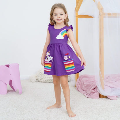 SFreeBo Girls Dresses Unicorn Rainbow Dress Kids Girls Gift Cotton Colourful Dresses for Girls 104 110 116 122 128
