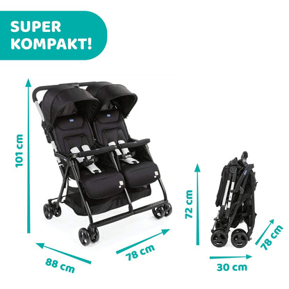 Chicco OHlalà Twin Twin Pushchair from Birth to 15 kg, Pram for Twins and Siblings, Adjustable Foldable Twin Buggy, Rain Cover and Extendable Hood