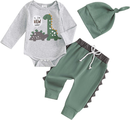 Hallo Ich bin neu hier Neugeborene Baby Jungen Kleidung Set Dinosaurier Print Langarm Bodysuit und Hosen Baumwolle Baby Kleidung Set Herbst Winter Kleidung Sets für Baby Jungen Outfits