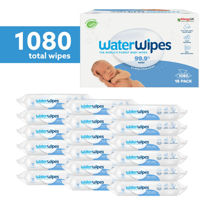 WaterWipes Plastic-Free Original Baby Cleansing Wipes, 360 Wipes (6 Packs), 99.9% Water-Based Cleaning Wipes, Unscented for Sensitive Skin