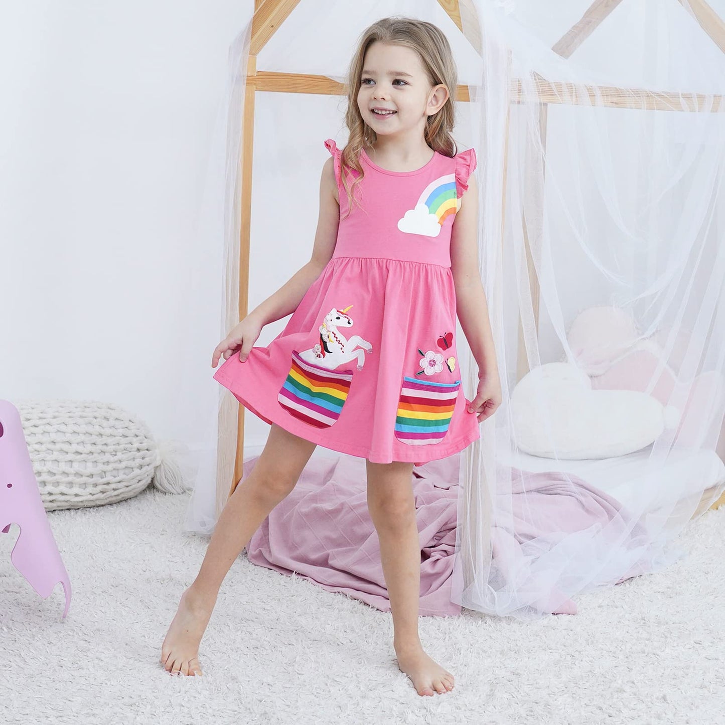 SFreeBo Girls Dresses Unicorn Rainbow Dress Kids Girls Gift Cotton Colourful Dresses for Girls 104 110 116 122 128
