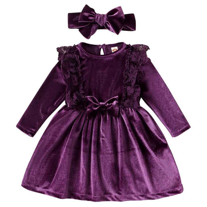 Baby Dress Girls Long Sleeve Lace A Line Princess Velvet Dress + Headband Wedding Festive Autumn Winter Clothing