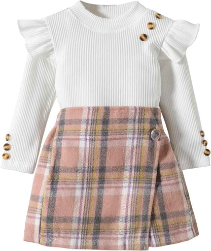 UUAISSO Kleinkind Baby Mädchen Kleidung Langarm Gerippte Oberteile Plaid Tweed Muster Rock Baskenmütze Herbst Knopf Outfits Sets