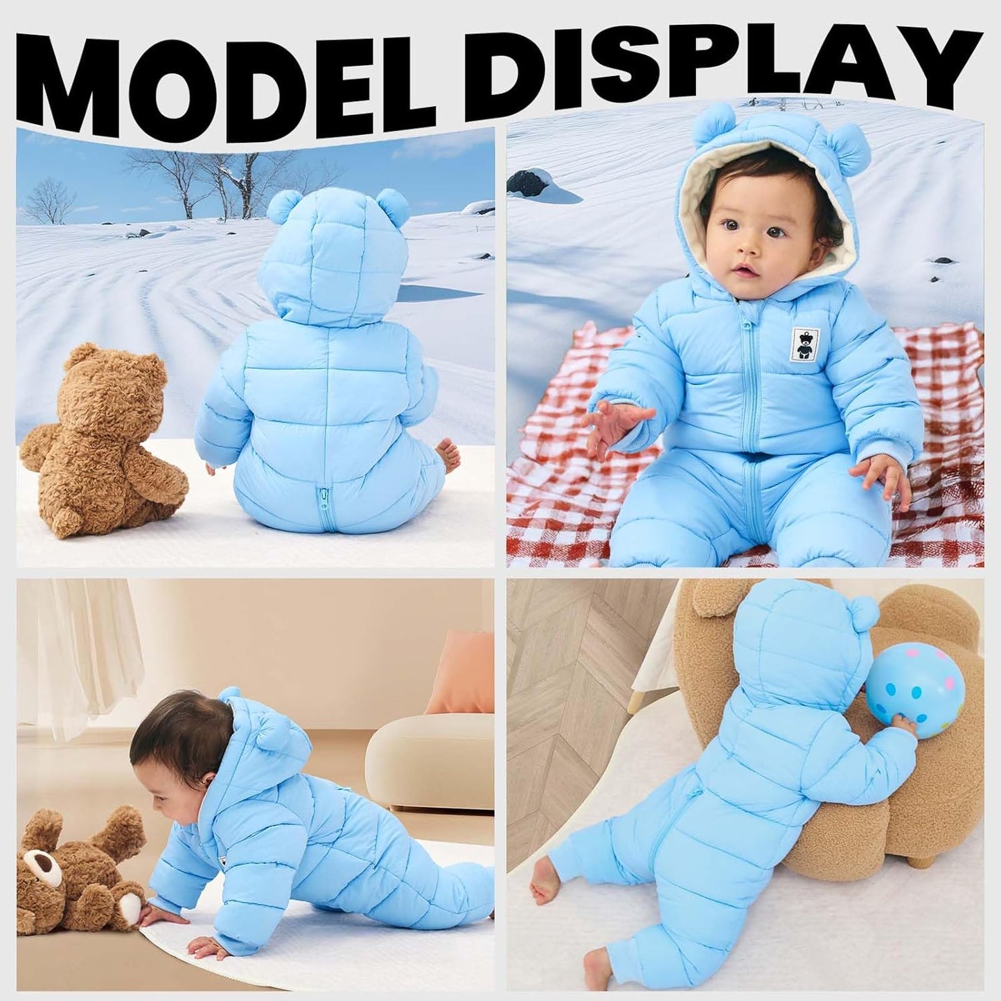 Minizone Baby Winter Jumpsuit with Hood, Romper Snowsuit Boys and Girls, Long-Sleeve Jumpsuit, Warm Outfits, Gift, 6-9 Months, 80 cm, Black