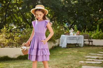 Arshiner Girls Dresses Flutter Sleeves Kids Summer Cotton Formal Dress A-Line Waist Lace-up Casual Dress Swing Dress Elegant Sleeveless Dress for Girls 5-13 Years 