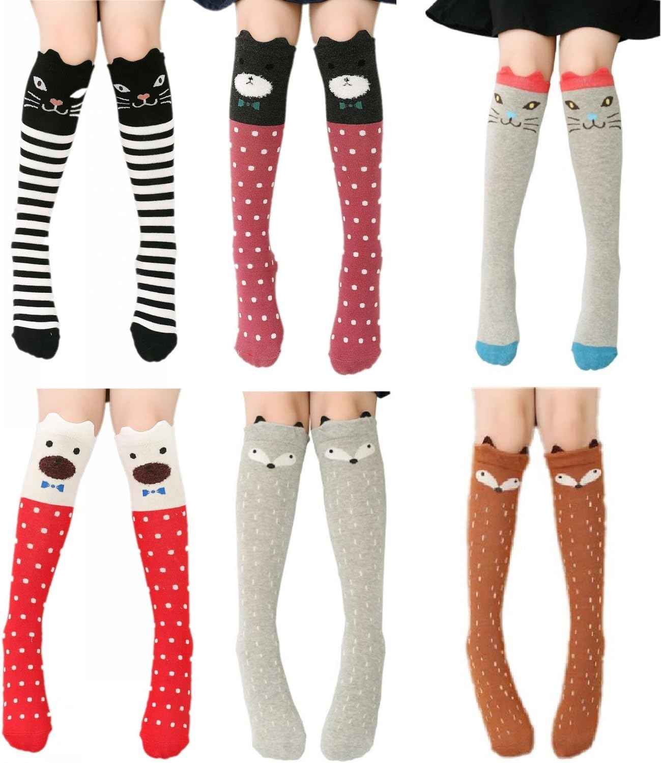 CISMARK Girls' Knee Socks 6 Pairs for Children Gifts Long Funny Children's Socks Animal Cotton Socks 3-12 Years