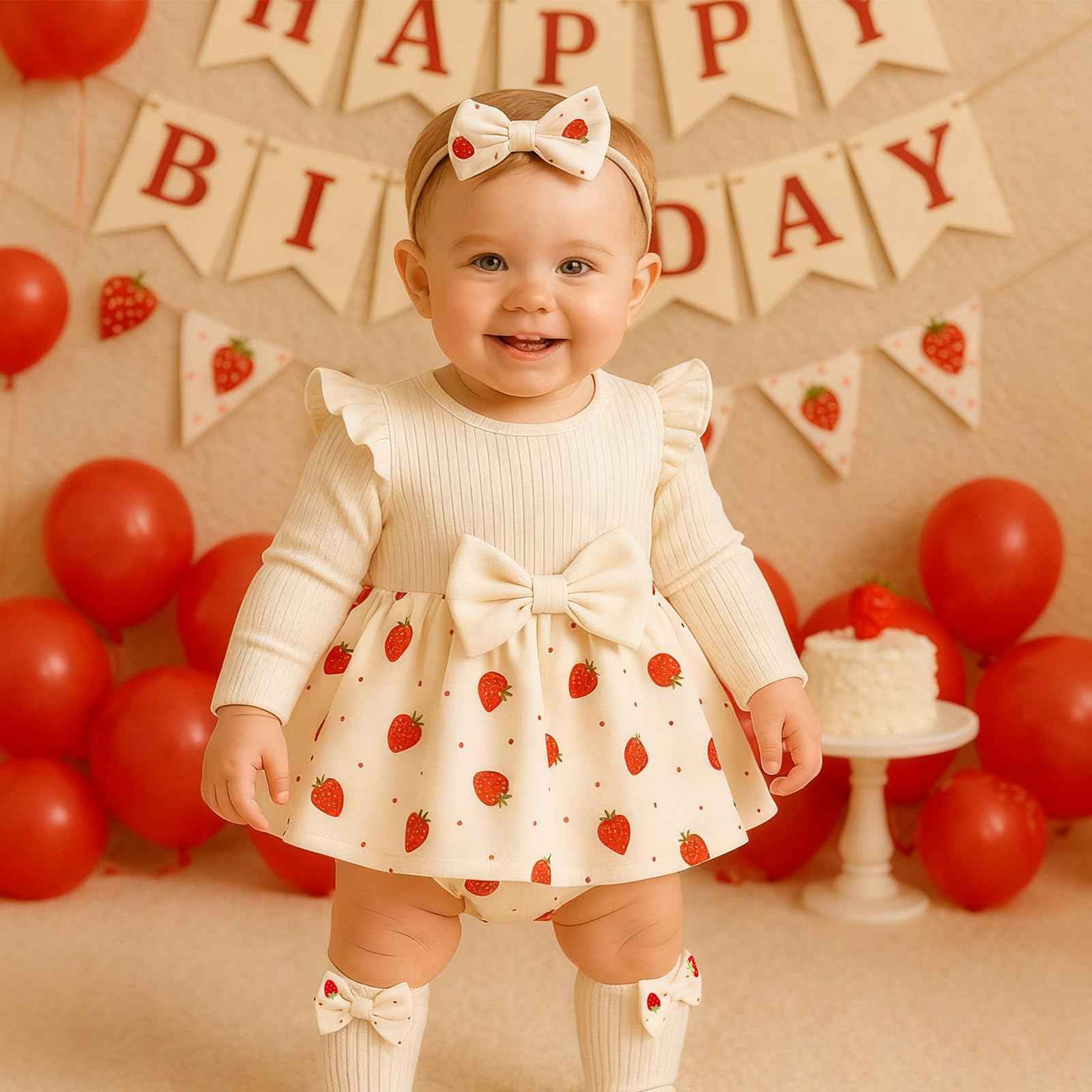 Winmany Strawberry Baby Girls Bodysuit with Sock Bow Headband Newborn Long Sleeve Bodysuit Autumn Winter Spring Jumpsuit Photography Props Clothes