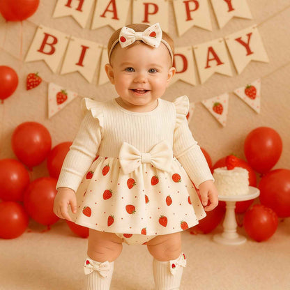 Winmany Strawberry Baby Girls Bodysuit with Sock Bow Headband Newborn Long Sleeve Bodysuit Autumn Winter Spring Jumpsuit Photography Props Clothes