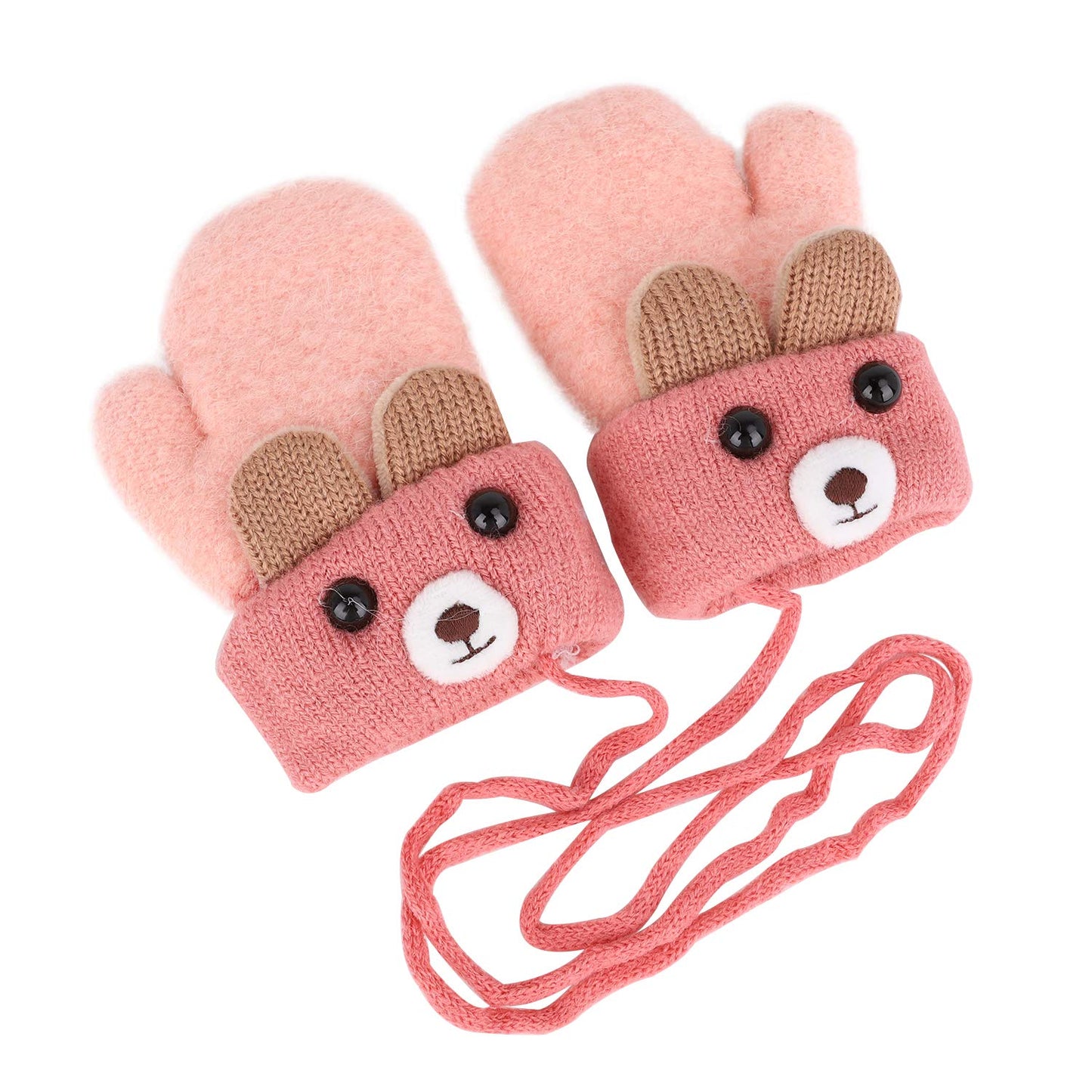 Kids Winter Gloves Mittens Baby Cartoon Mitten Neck Gloves Thick Double Knitted Glove with Plush,0 - 3 years old, Playing, Running, Skiing