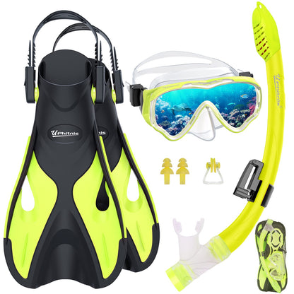 UPhitnis Kinderschnorchelset mit Flossen, Antibeschlag 180° Panorama Taucherbrille, verstellbare Schwimmflossen und Premium Dry Schnorchel, 3-in-1 Schnorchelset für Kinder mit Tragetasche