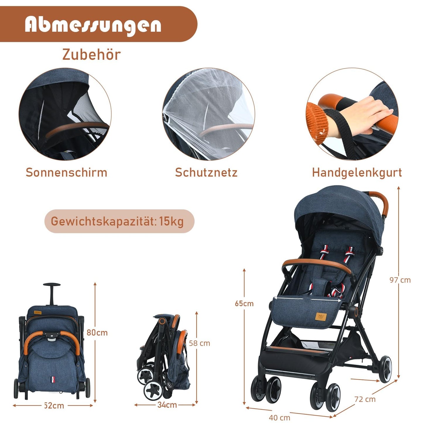 DREAMADE Children's Buggy Foldable with Reclining Function, Pram for Baby 0-3 Years, Foldable Buggy with 5-Point Safety Belt & Storage Basket & Brake (Grey)