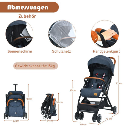 DREAMADE Children's Buggy Foldable with Reclining Function, Pram for Baby 0-3 Years, Foldable Buggy with 5-Point Safety Belt & Storage Basket & Brake (Grey)