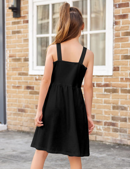Arshiner Mädchen Kleider Ärmelloses Kinderkleid Knopfleiste Trägerkleid Sommer Baumwolle Swingkleid Festliches A-Linie Freizeitkleid Elegant Kleid für Mädchen 5-14 Jahre