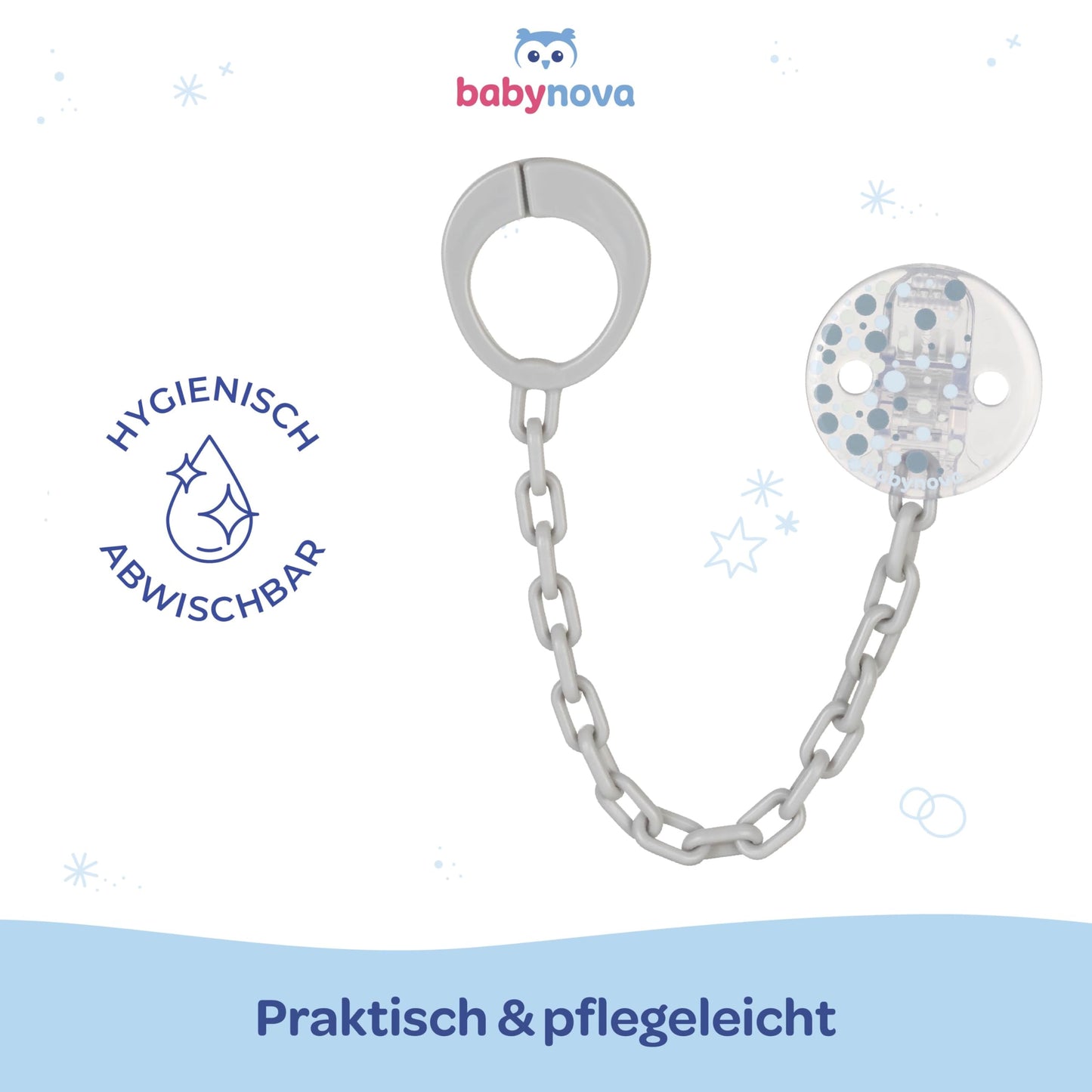 babynova Schnullerkette mit Clip - Schnullerhalter kompatibel mit Schnullern mit Ring - Kinderwagen Zubehör - BPA-frei - Rosa Herzen