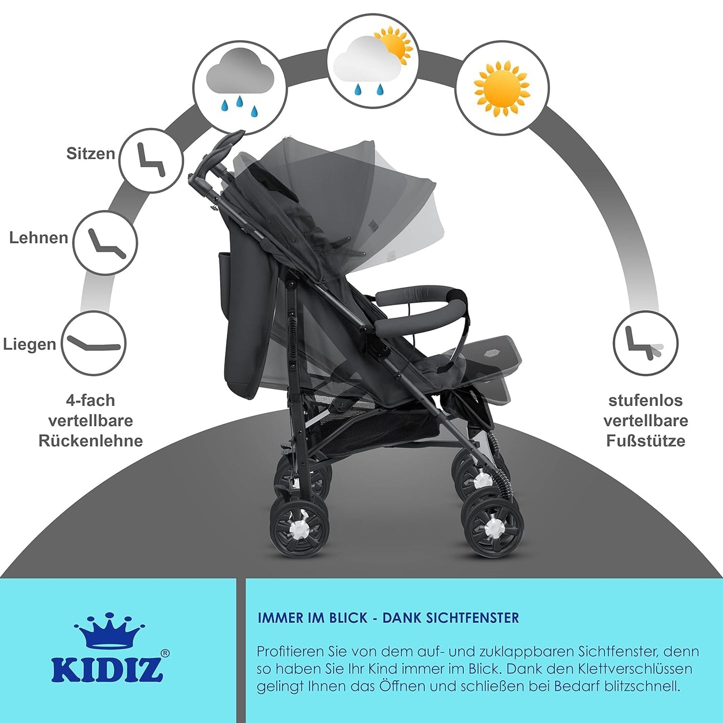 KIDIZ® City-Pro Pushchair Folding Pushchair Pushchair Sports Pushchair Foldable 360° 6 Inch Wheels Includes Mosquito Net, Footmuff and Rain Cover Foldable Sleep Function Blue 
