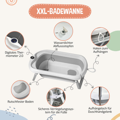 Faltbar Baby Badewanne Mit Rutschfestem Badekissen - Babywanne XXL Mit Baby Badewannensitz & Badethermometer - Von Der Geburt Bis 3 Jahre - Baby Bathtub - Geburtsgeschenke Für Mädchen & Jungen
