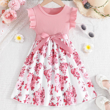 Codkkre Mädchen Kleid Blumen Bowknot Kinder Kleider Rüschenärmel A-Linie Mädchen Kleid Sommer Ostern Mädchen Kleid Rundhals 104 110 116 122 128