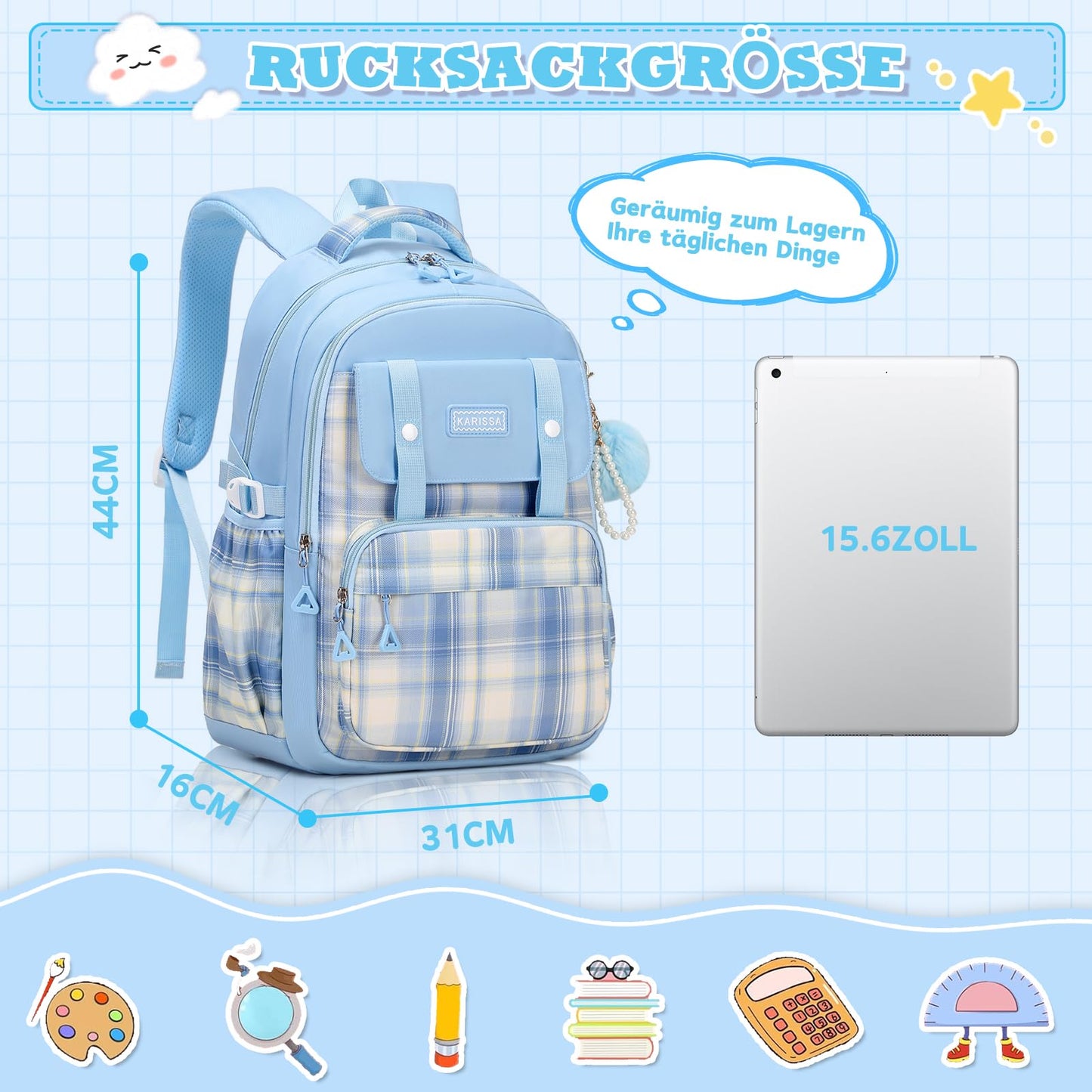 Rucksack mädchen 22L ergonomisch mit reflektierenden Streifen | Wasserdichtes Karogewebe, atmungsaktives 3D-Rückenpolster, zahlreiche getrennte Fächer, passend für 15,6-Zoll-Laptops